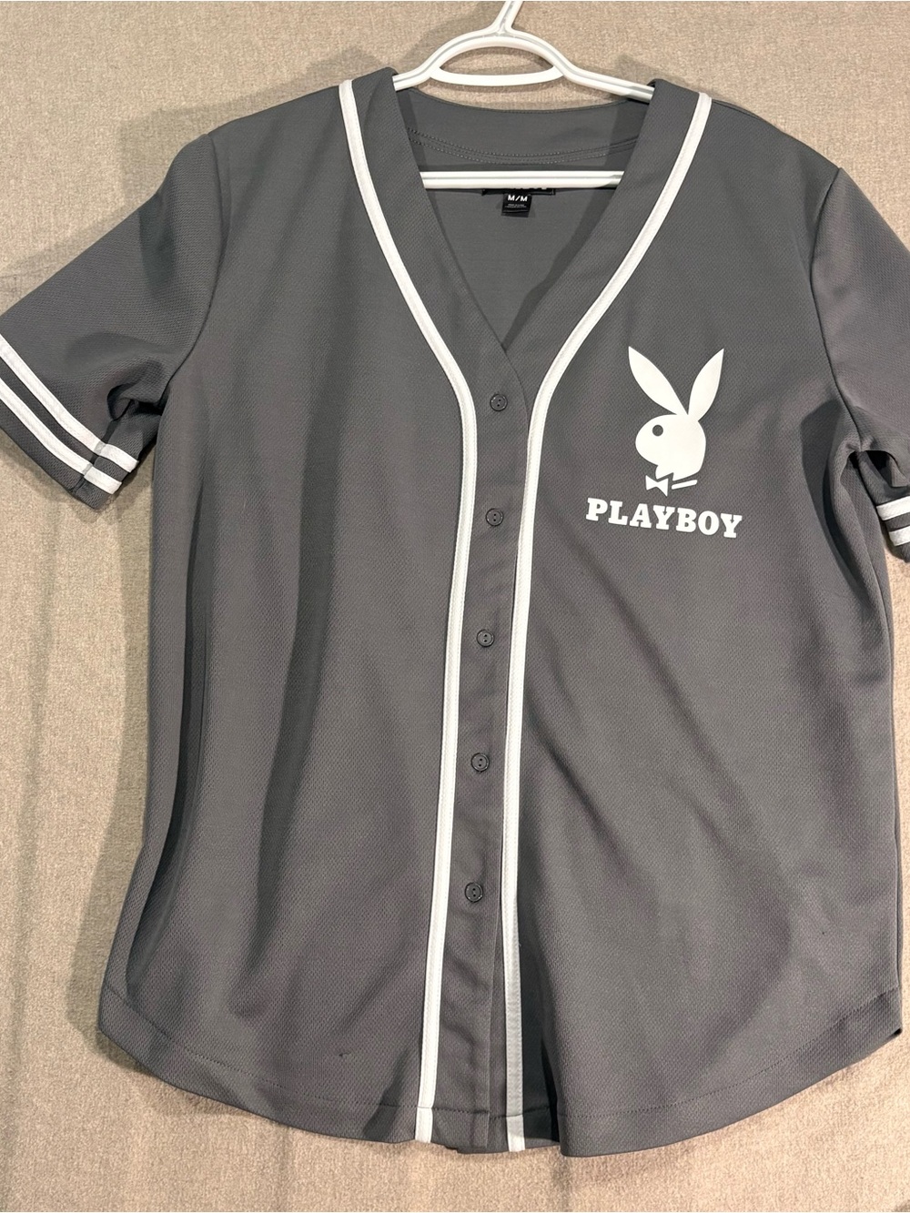 PLAYBOY Gray Baseball-Style Button Front Top with White Trim